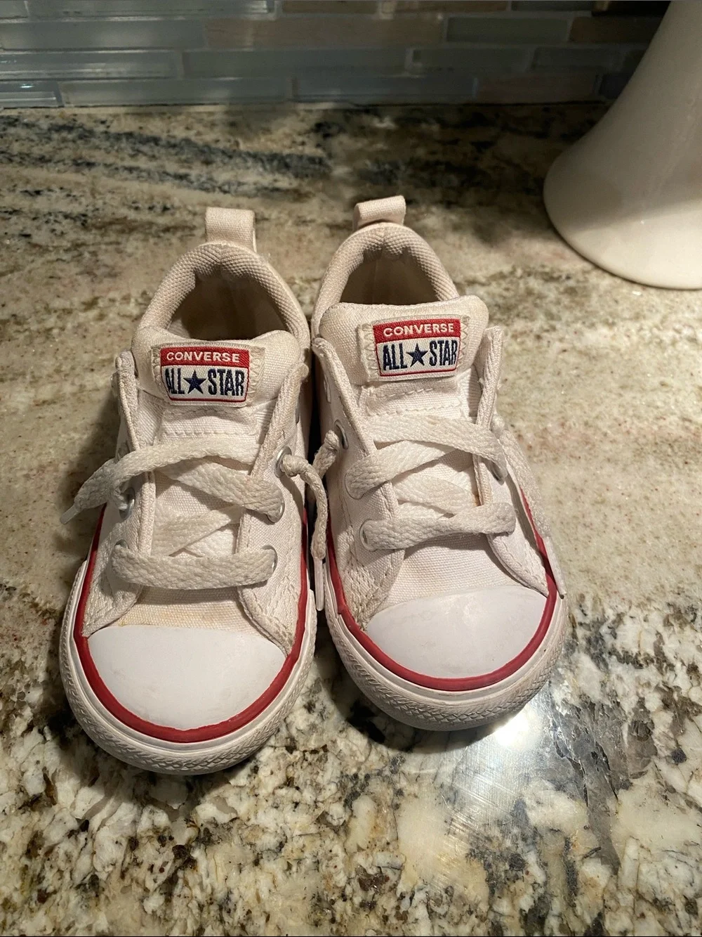 Converse White Kids Low Top Sneakers with Red & Blue Stripe